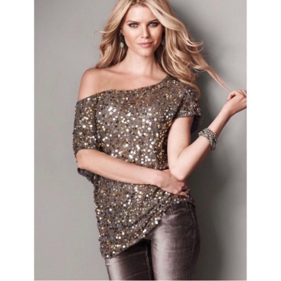 Victoria Secret Designer Collection LUDI Embellished Tunic Blouse XS Gold Sequin - Picture 2 of 8